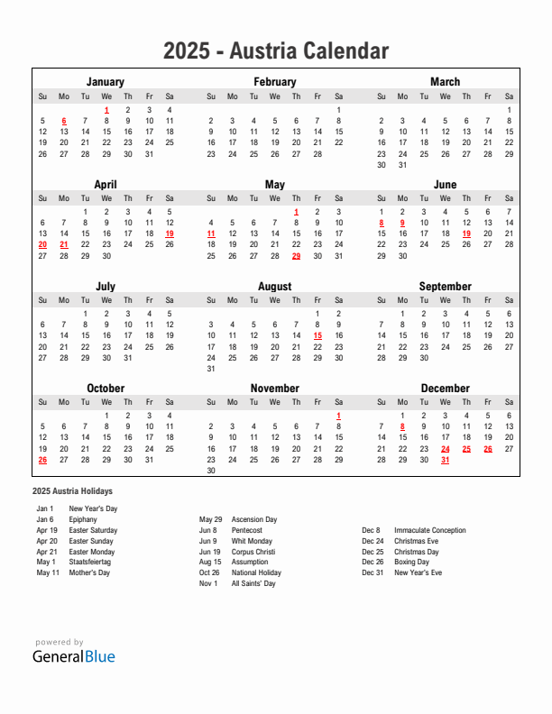 Year 2025 Simple Calendar With Holidays in Austria