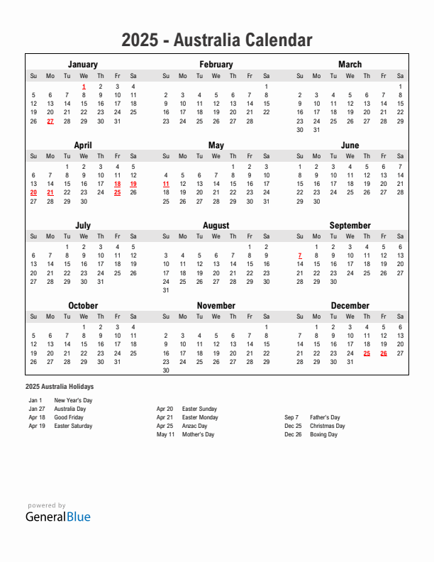 Year 2025 Simple Calendar With Holidays in Australia