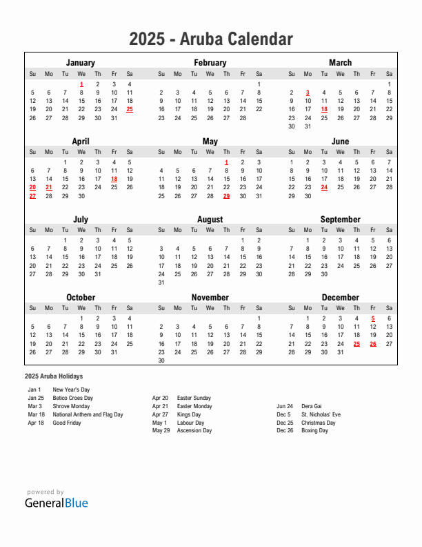 Year 2025 Simple Calendar With Holidays in Aruba
