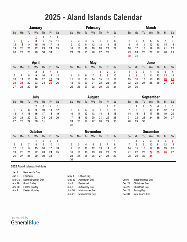 Year 2025 Simple Calendar With Holidays in Aland Islands