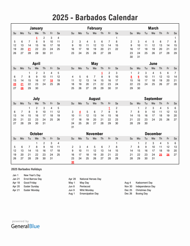 Year 2025 Simple Calendar With Holidays in Barbados
