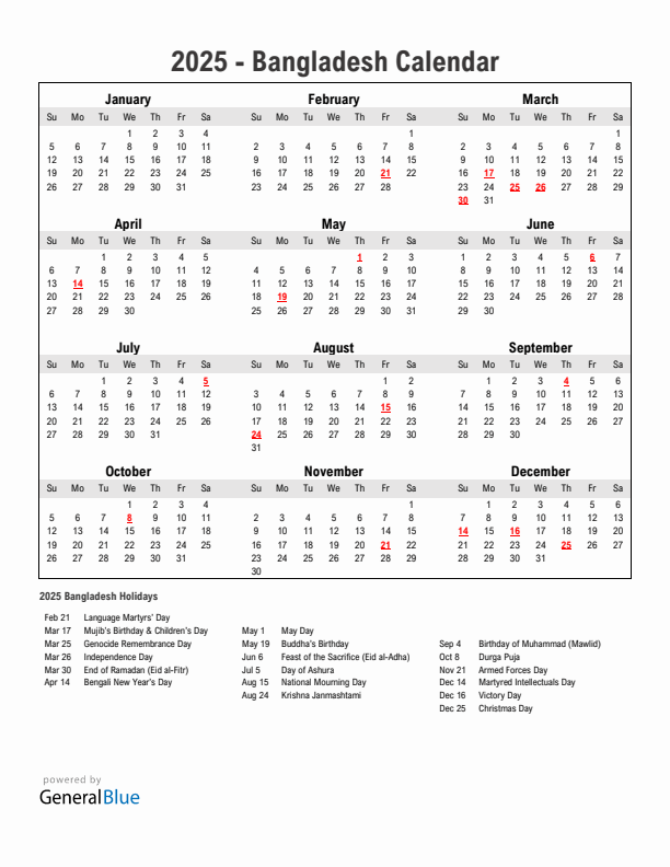 Year 2025 Simple Calendar With Holidays in Bangladesh