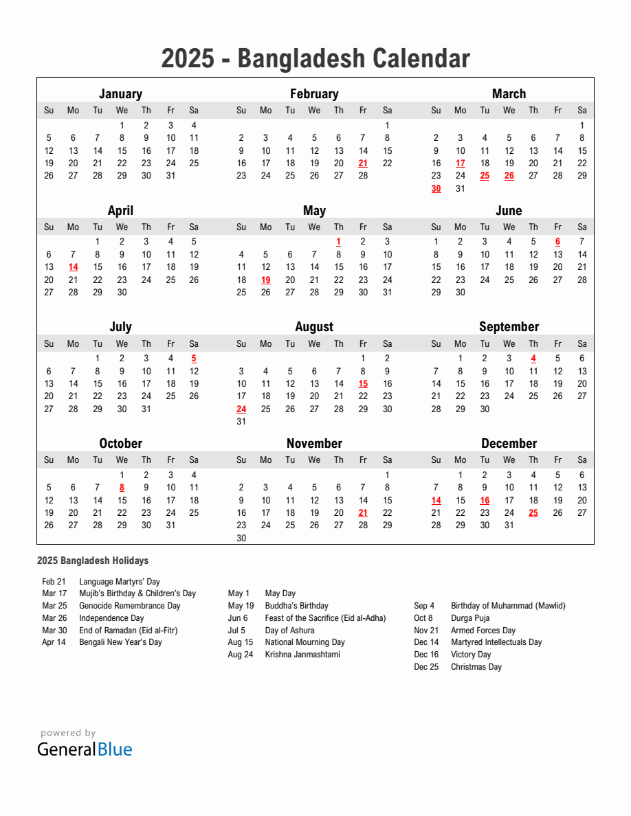 Year 2025 Simple Calendar With Holidays in Bangladesh