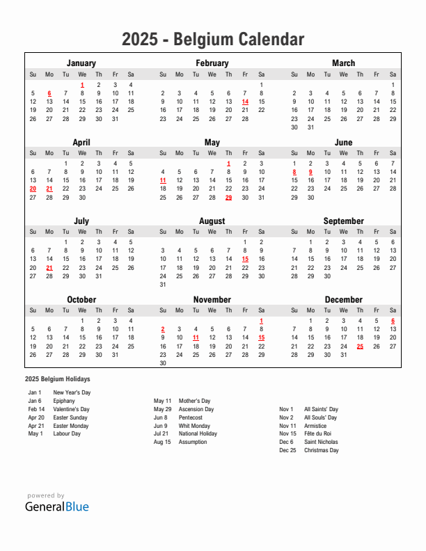 Year 2025 Simple Calendar With Holidays in Belgium