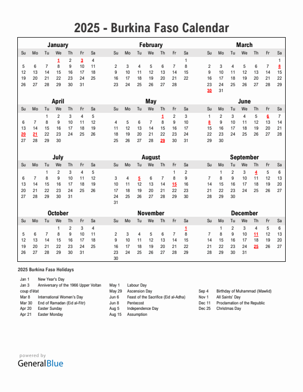 Year 2025 Simple Calendar With Holidays in Burkina Faso