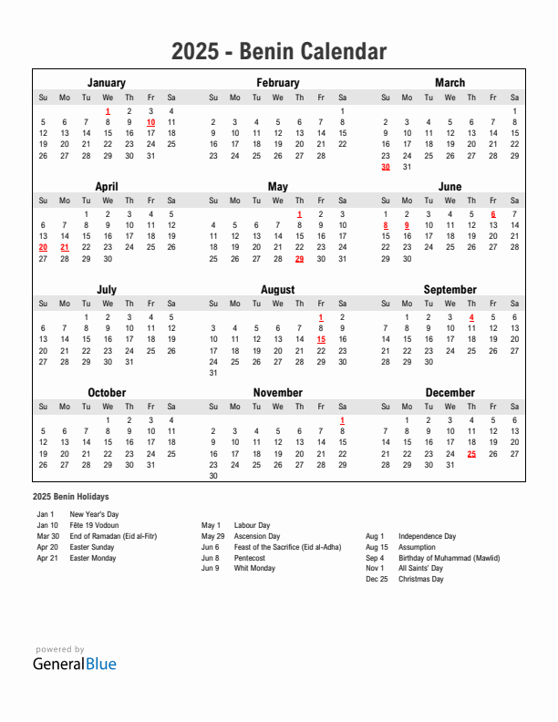 Year 2025 Simple Calendar With Holidays in Benin