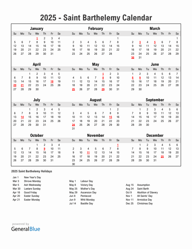 Year 2025 Simple Calendar With Holidays in Saint Barthelemy