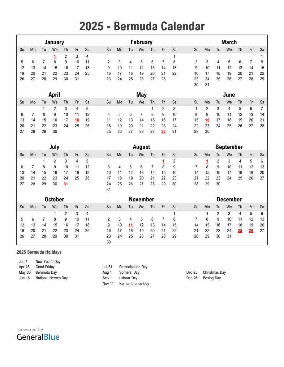 Year 2025 Simple Calendar With Holidays in Bermuda