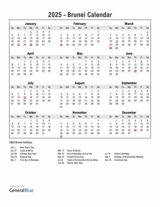 Year 2025 Simple Calendar With Holidays in Brunei