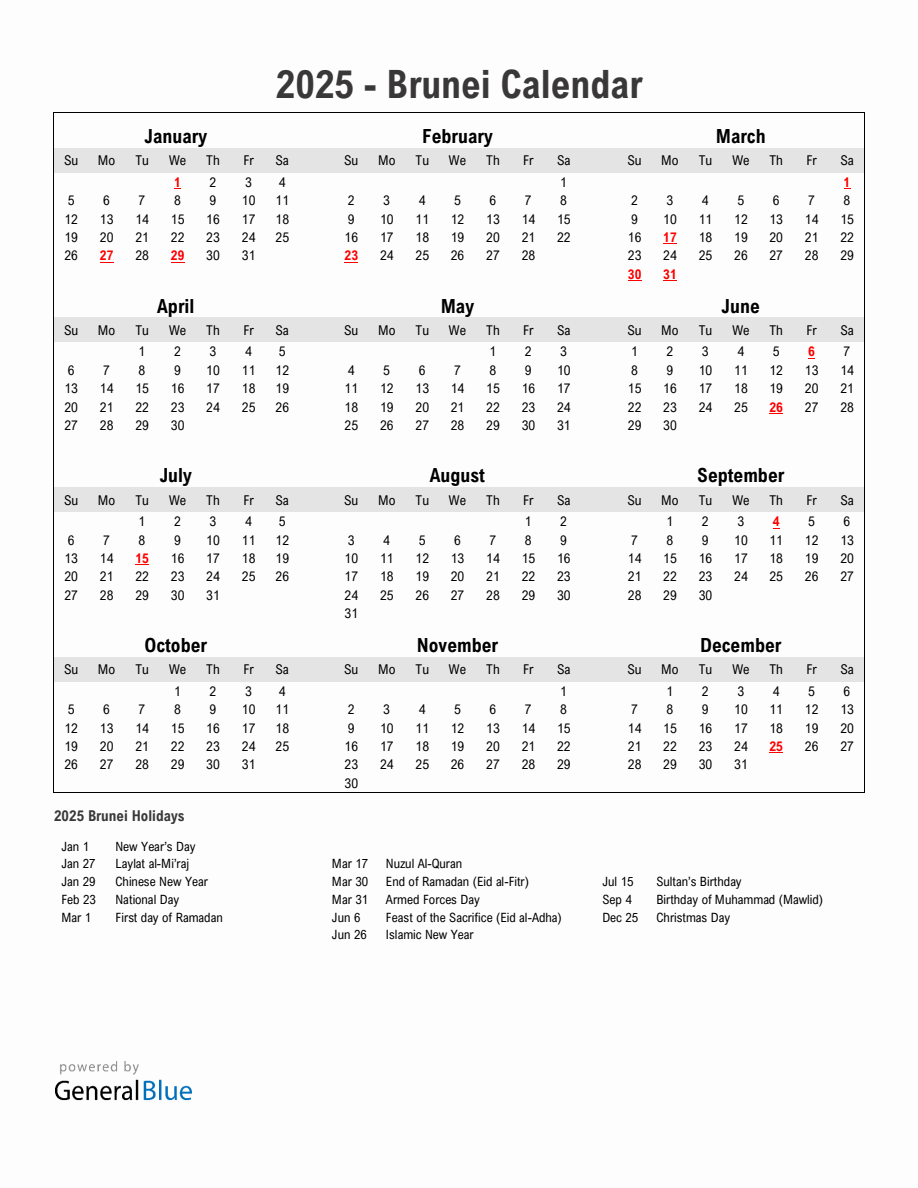 Year 2025 Simple Calendar With Holidays in Brunei