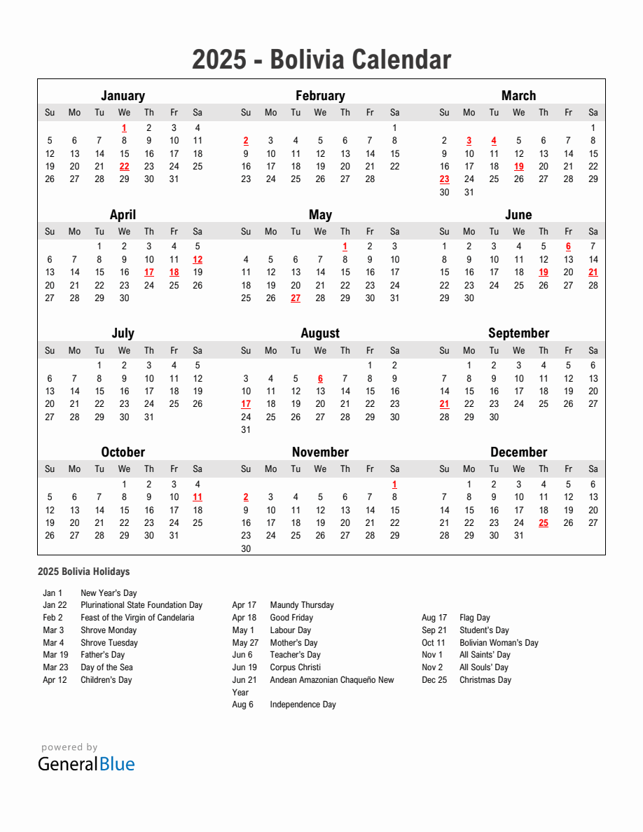 Year 2025 Simple Calendar With Holidays in Bolivia