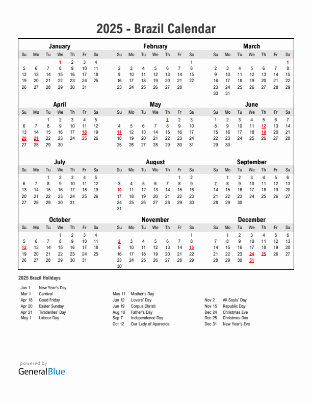 Year 2025 Simple Calendar With Holidays in Brazil