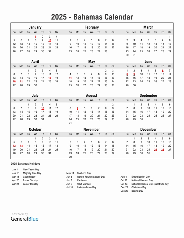 Year 2025 Simple Calendar With Holidays in Bahamas