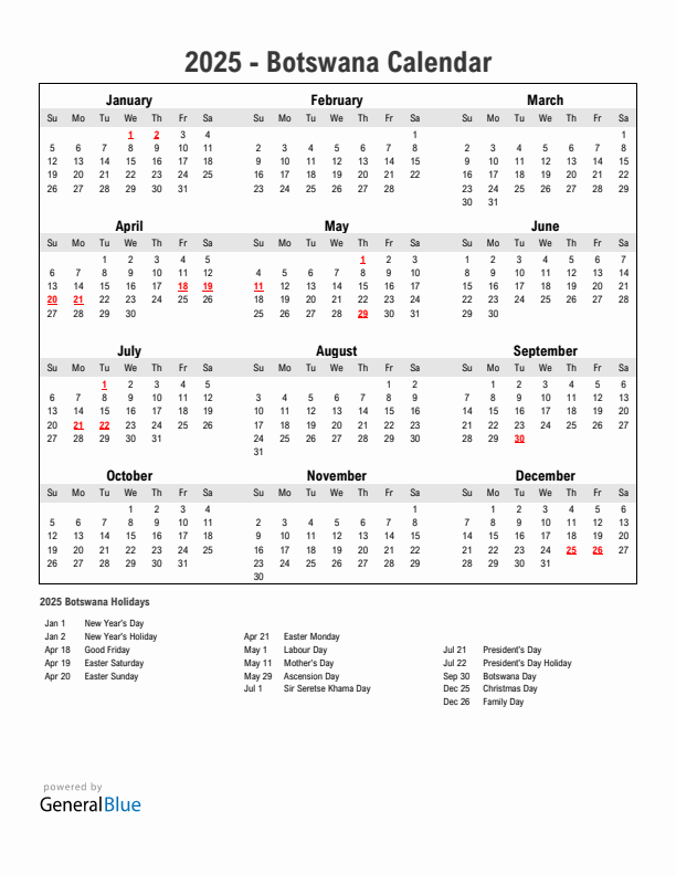 Year 2025 Simple Calendar With Holidays in Botswana