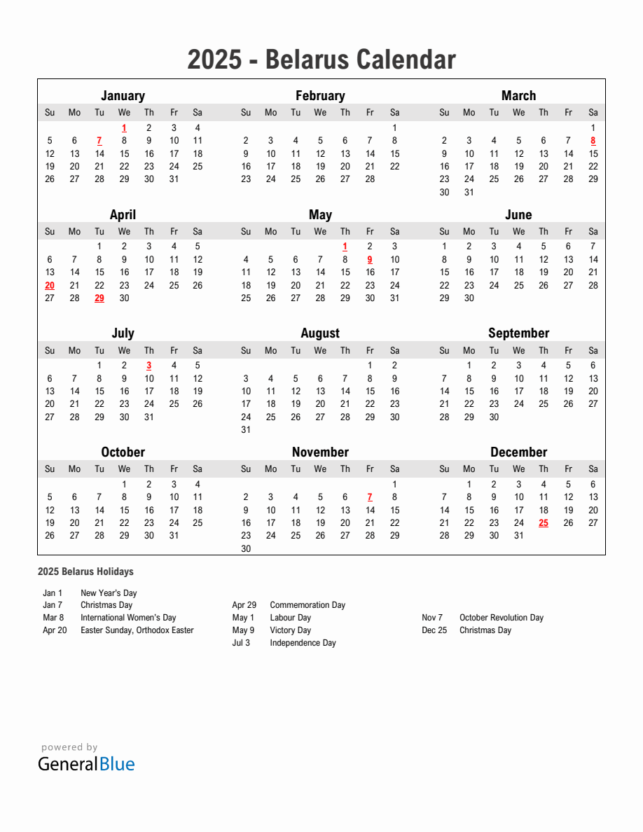 Year 2025 Simple Calendar With Holidays in Belarus