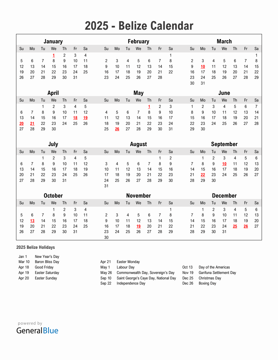 Year 2025 Simple Calendar With Holidays in Belize