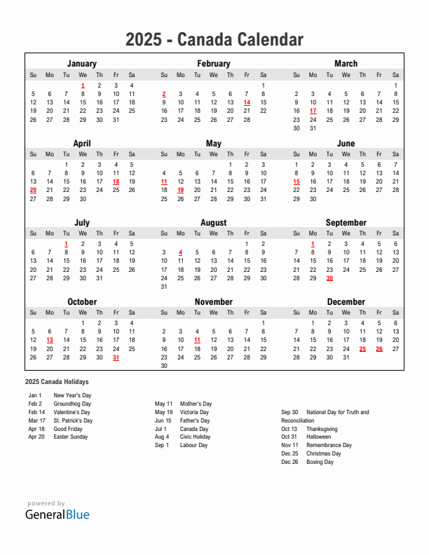Year 2025 Simple Calendar With Holidays in Canada
