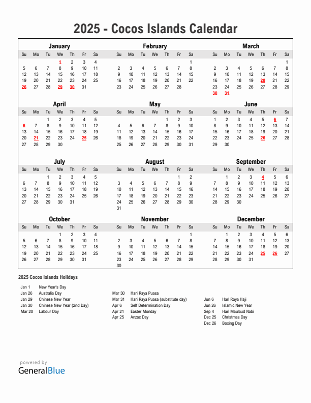 Year 2025 Simple Calendar With Holidays in Cocos Islands