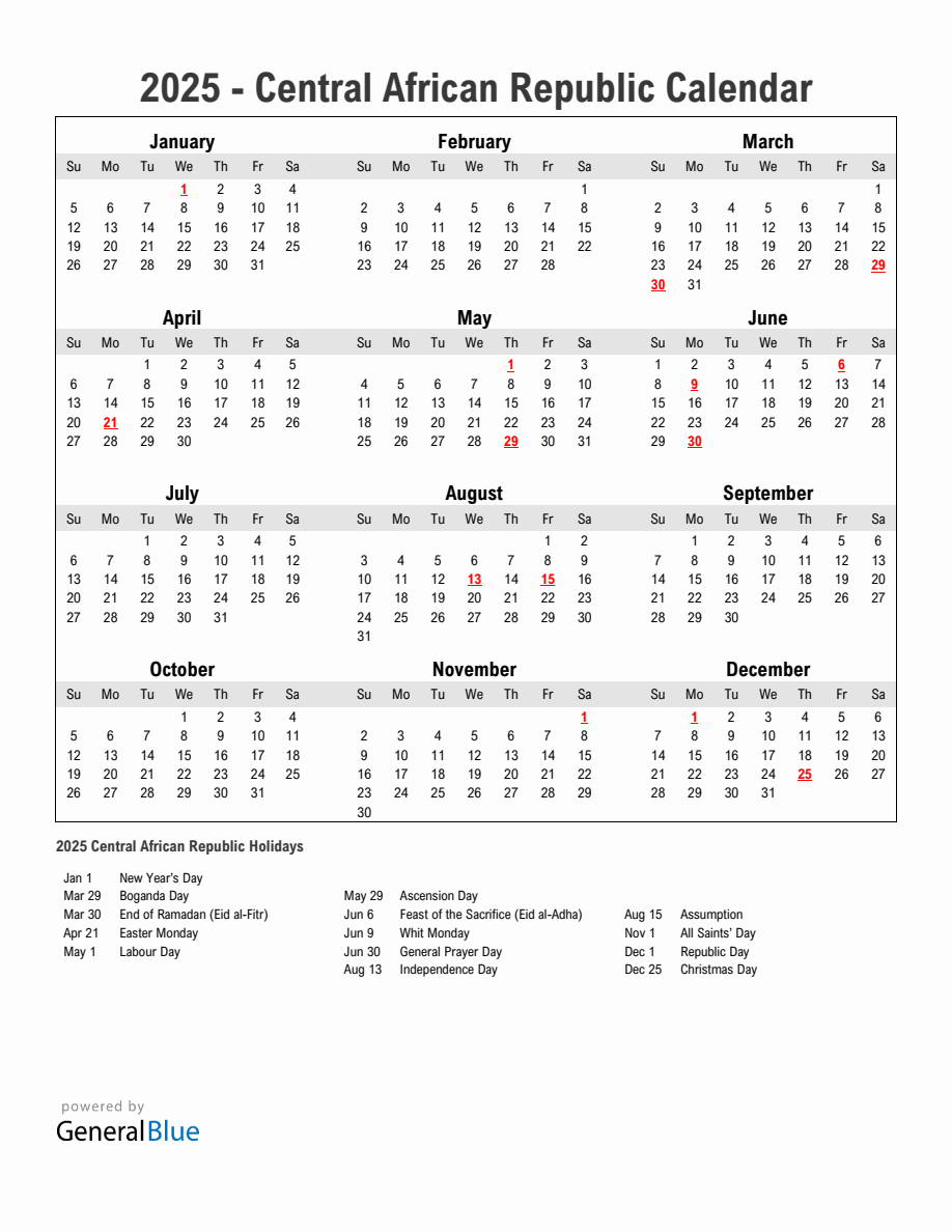 Year 2025 Simple Calendar With Holidays in Central African Republic