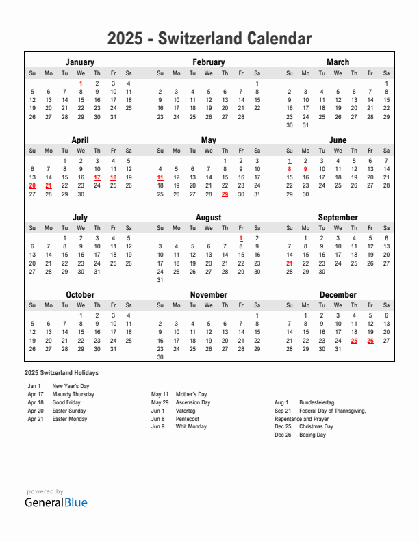 Year 2025 Simple Calendar With Holidays in Switzerland