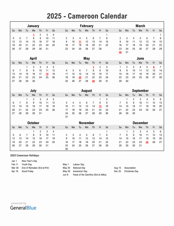 Year 2025 Simple Calendar With Holidays in Cameroon