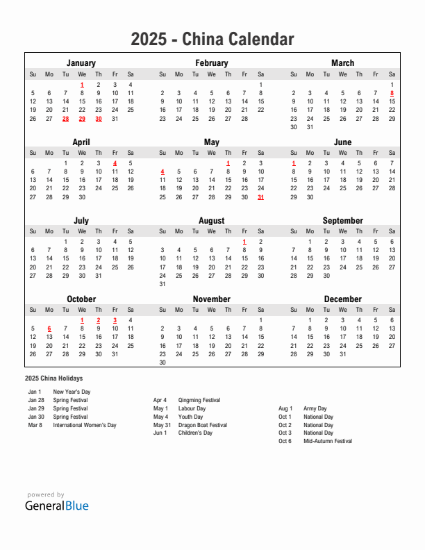 Year 2025 Simple Calendar With Holidays in China