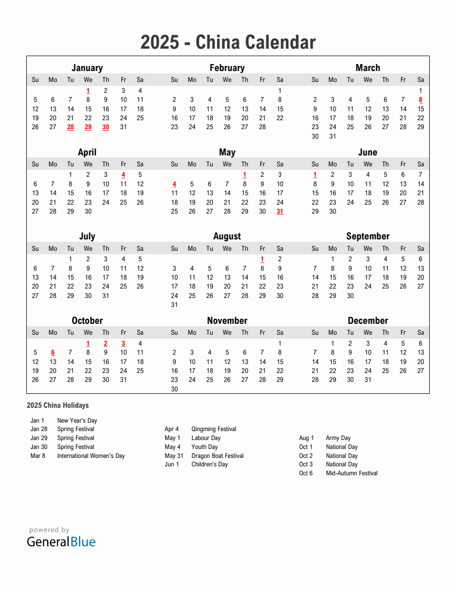 Year 2025 Simple Calendar With Holidays in China