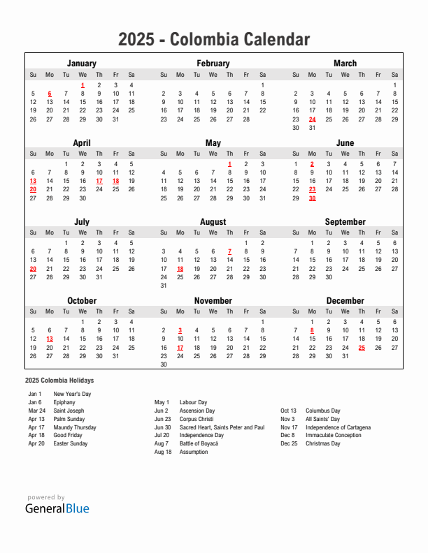 Year 2025 Simple Calendar With Holidays in Colombia