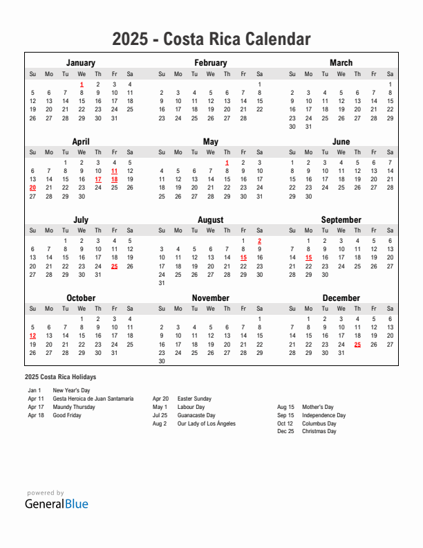 Year 2025 Simple Calendar With Holidays in Costa Rica