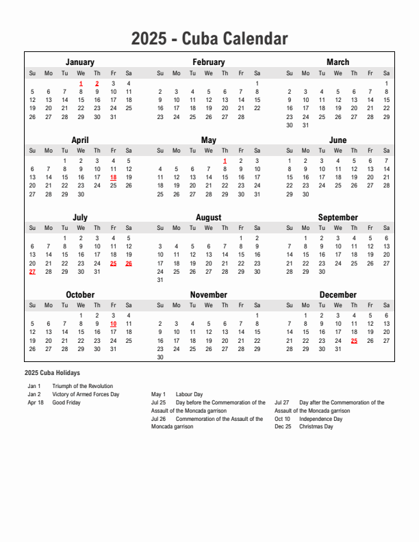 Year 2025 Simple Calendar With Holidays in Cuba