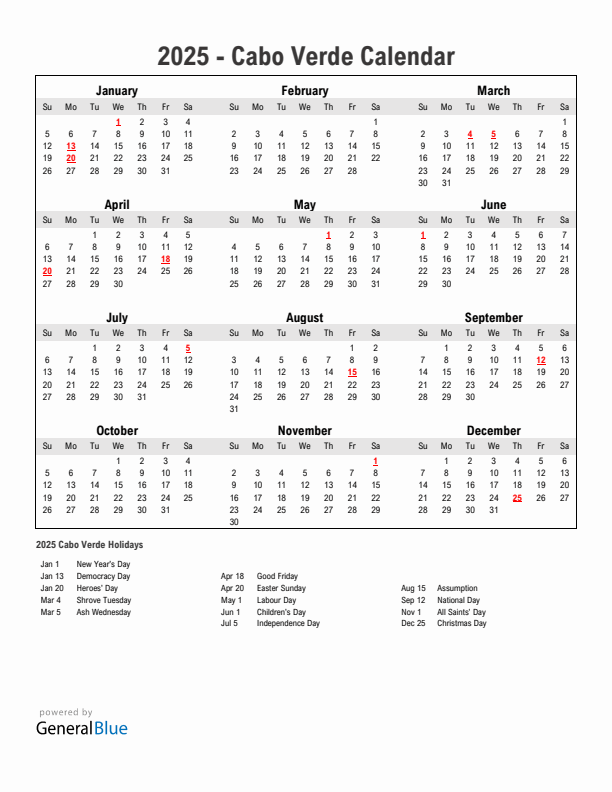 Year 2025 Simple Calendar With Holidays in Cabo Verde