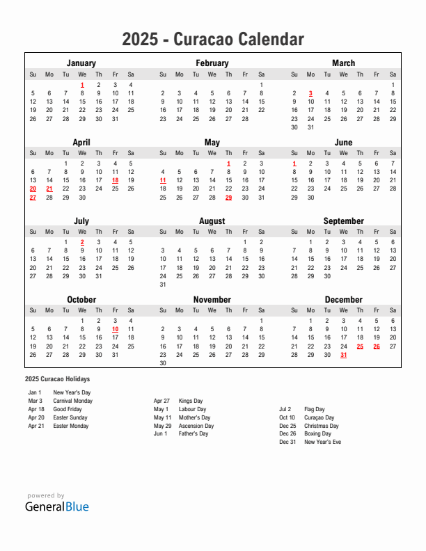Year 2025 Simple Calendar With Holidays in Curacao