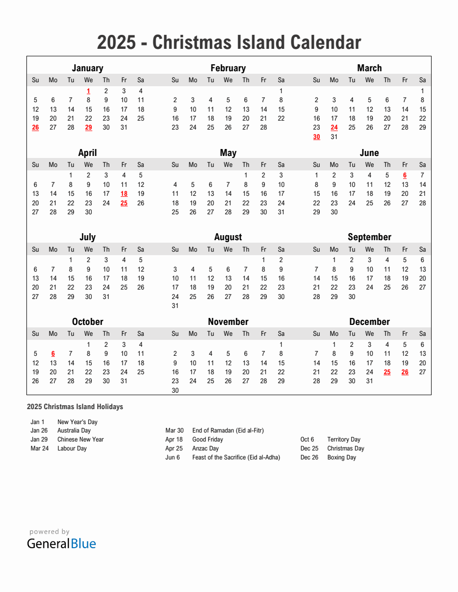 Year 2025 Simple Calendar With Holidays in Christmas Island