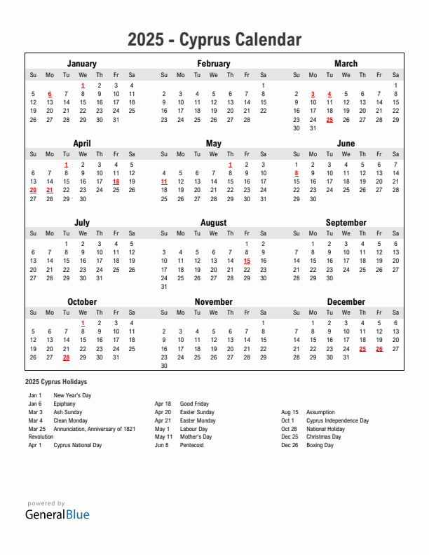 Year 2025 Simple Calendar With Holidays in Cyprus
