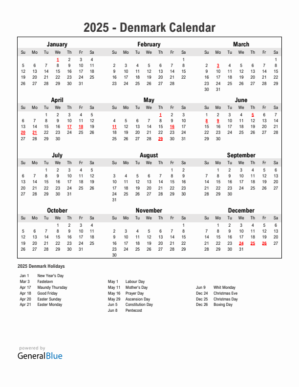 Year 2025 Simple Calendar With Holidays in Denmark