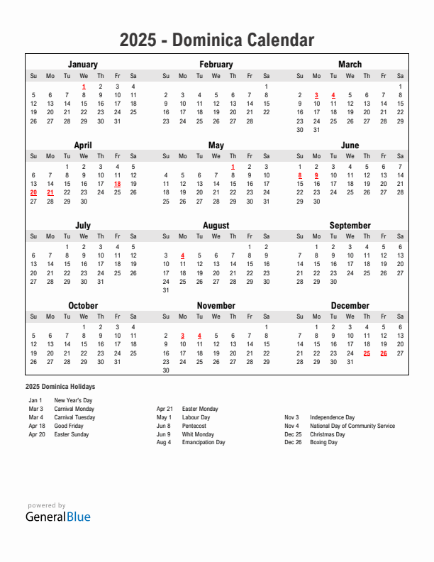 Year 2025 Simple Calendar With Holidays in Dominica