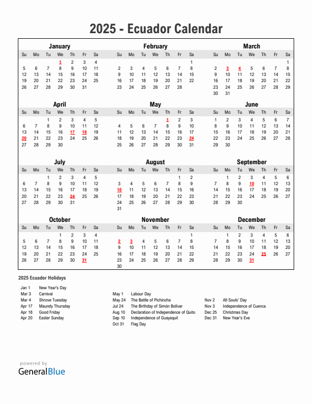 2025 Ecuador Calendar with Holidays
