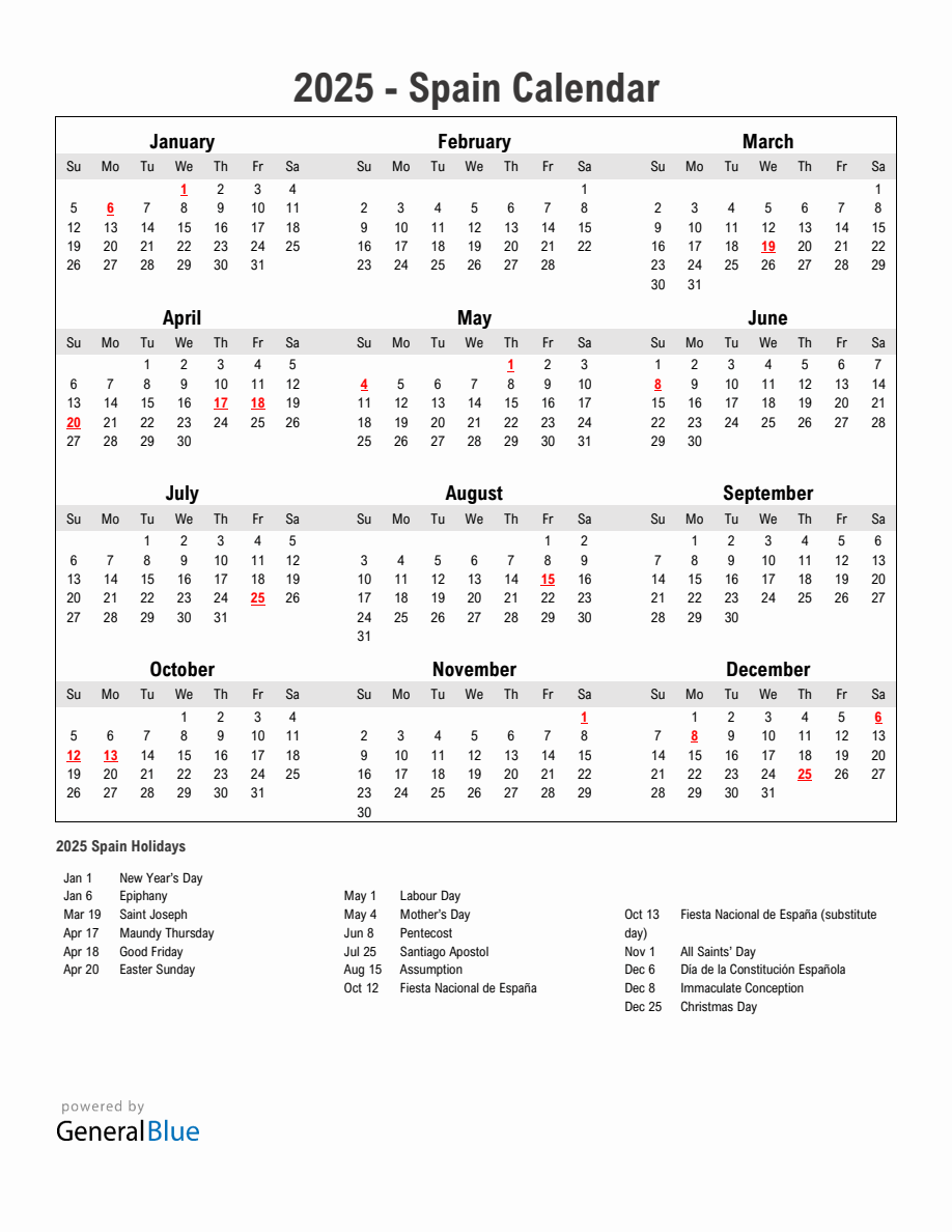 Year 2025 Simple Calendar With Holidays in Spain