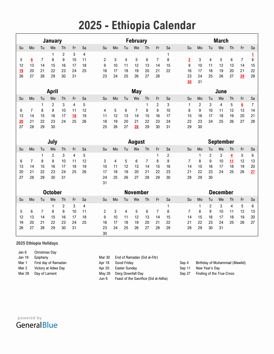 Year 2025 Simple Calendar With Holidays in Ethiopia