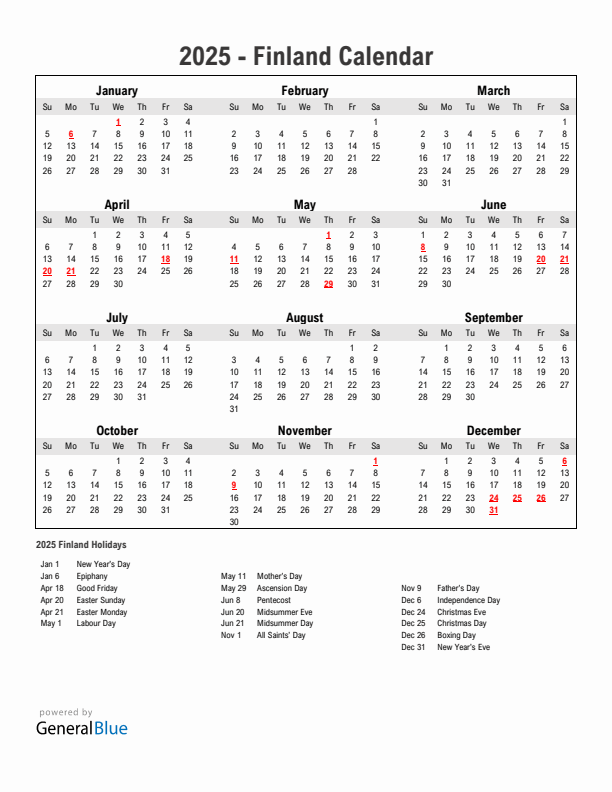 Year 2025 Simple Calendar With Holidays in Finland