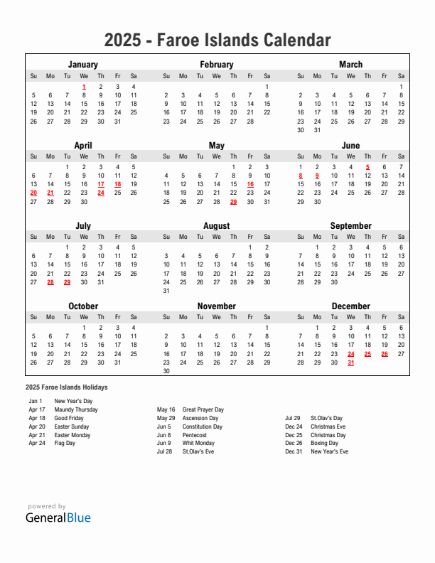 Year 2025 Simple Calendar With Holidays in Faroe Islands