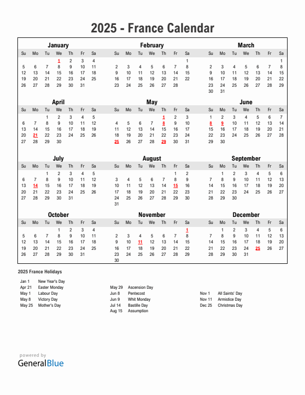Year 2025 Simple Calendar With Holidays in France
