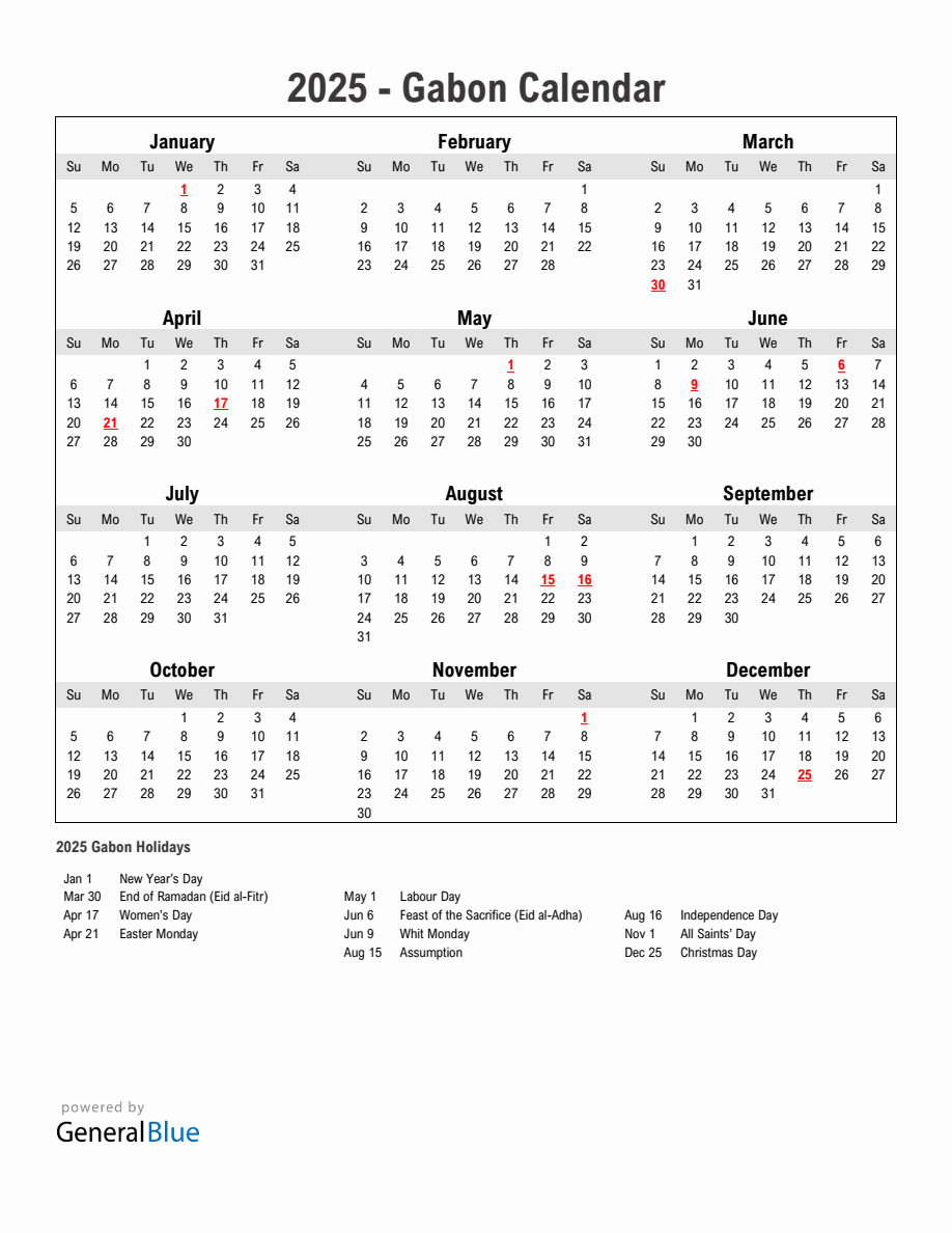 Year 2025 Simple Calendar With Holidays in Gabon