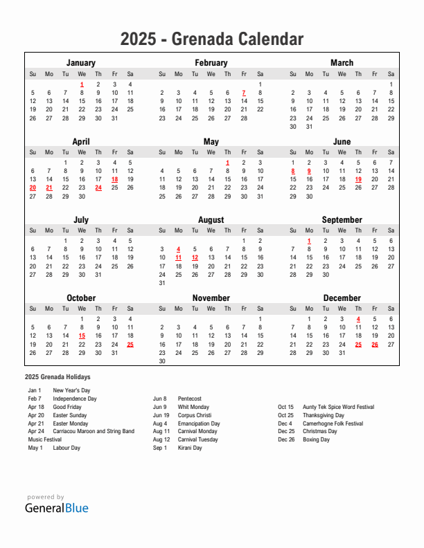 Year 2025 Simple Calendar With Holidays in Grenada