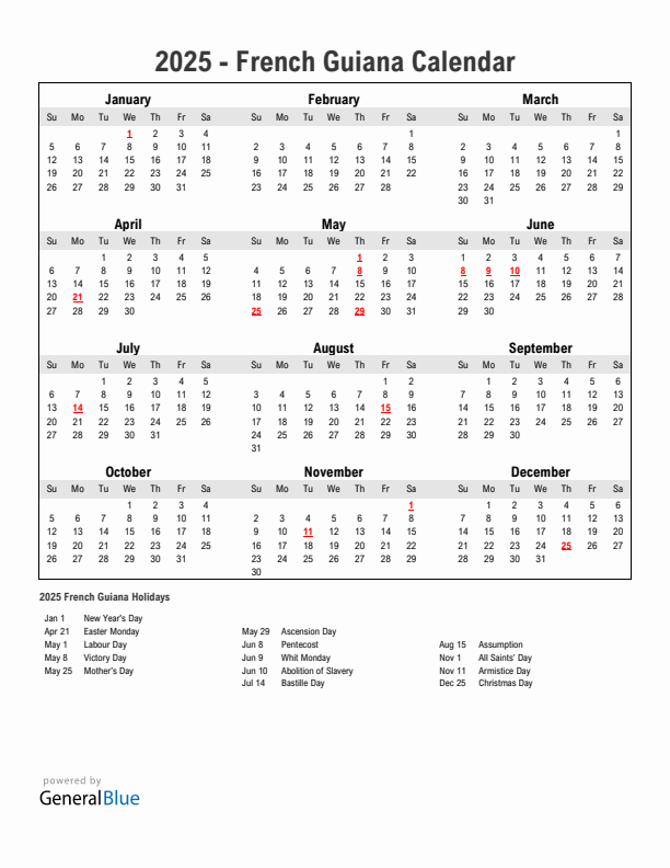 Year 2025 Simple Calendar With Holidays in French Guiana