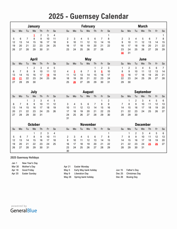 Year 2025 Simple Calendar With Holidays in Guernsey