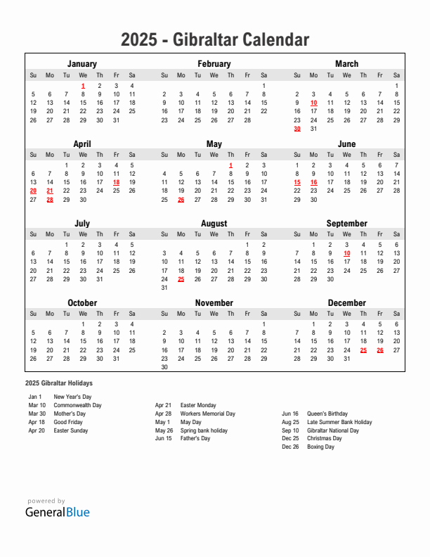 Year 2025 Simple Calendar With Holidays in Gibraltar