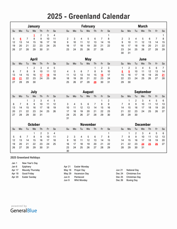 Year 2025 Simple Calendar With Holidays in Greenland