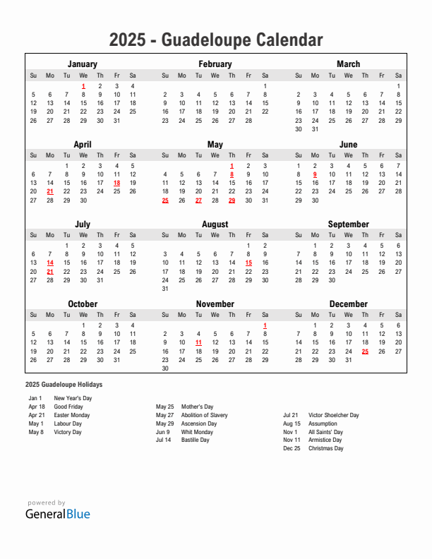 Year 2025 Simple Calendar With Holidays in Guadeloupe