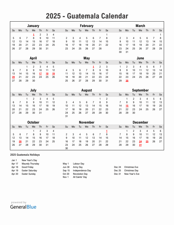 Year 2025 Simple Calendar With Holidays in Guatemala